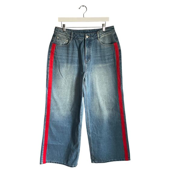 Commense Denim - Commense Blue Wide Leg Jeans Red Track Stripe NWT sz XL 100% Cotton Minimalist